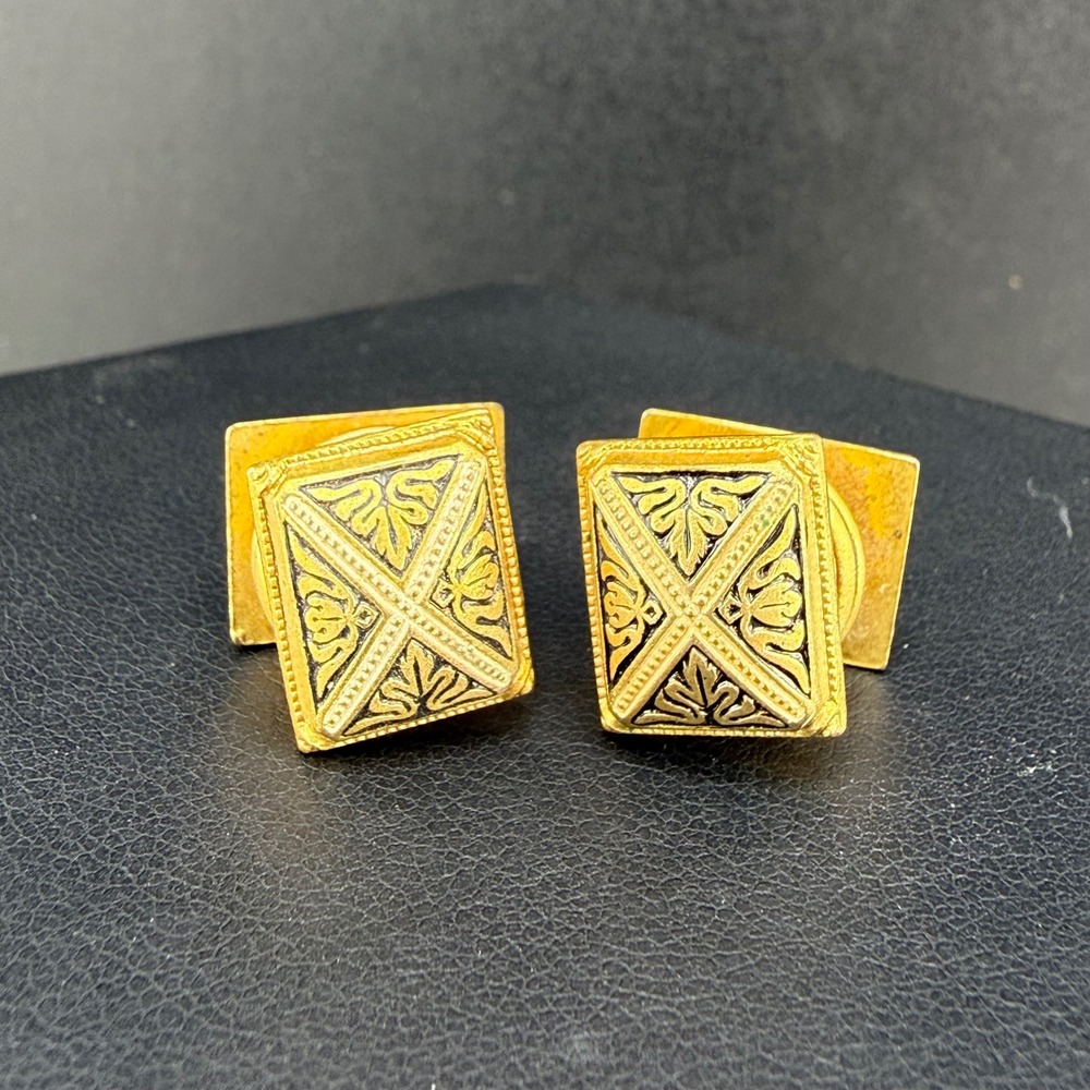 Vintage Damascene Cufflinks Gold Tone Black Enamel Geometric Scrollwork READ